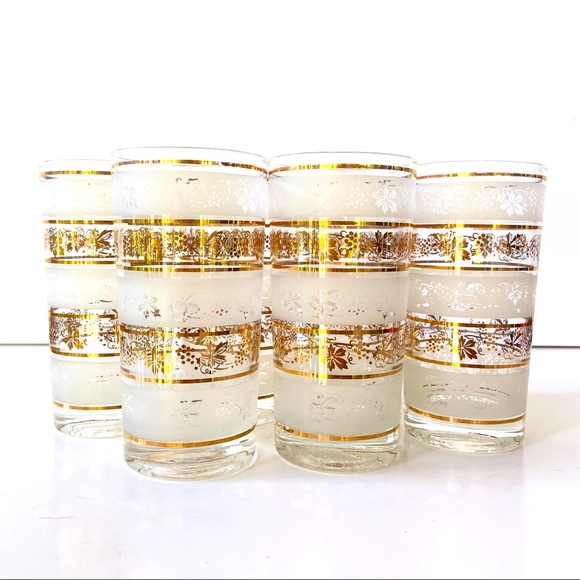 SOLD Vintage Set 6 Frosted Gold Leaf Todd Mid Century Tumblers - MCM Glassware